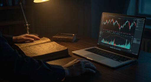 An alchemist's desk blending an ancient astrological book with a modern laptop showing crypto charts, symbolizing the fusion of timeless wisdom and digital finance.