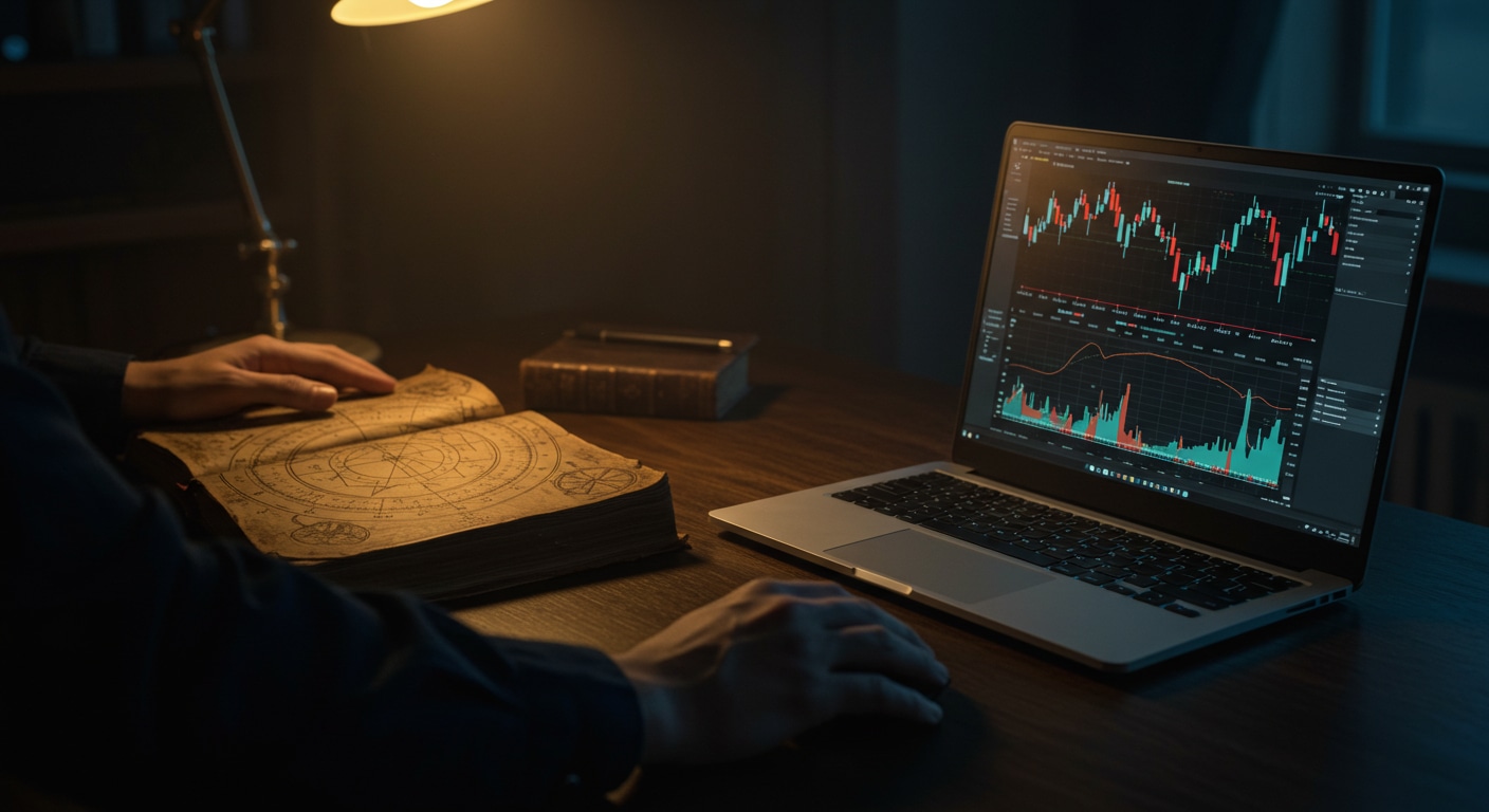 An alchemist's desk blending an ancient astrological book with a modern laptop showing crypto charts, symbolizing the fusion of timeless wisdom and digital finance.